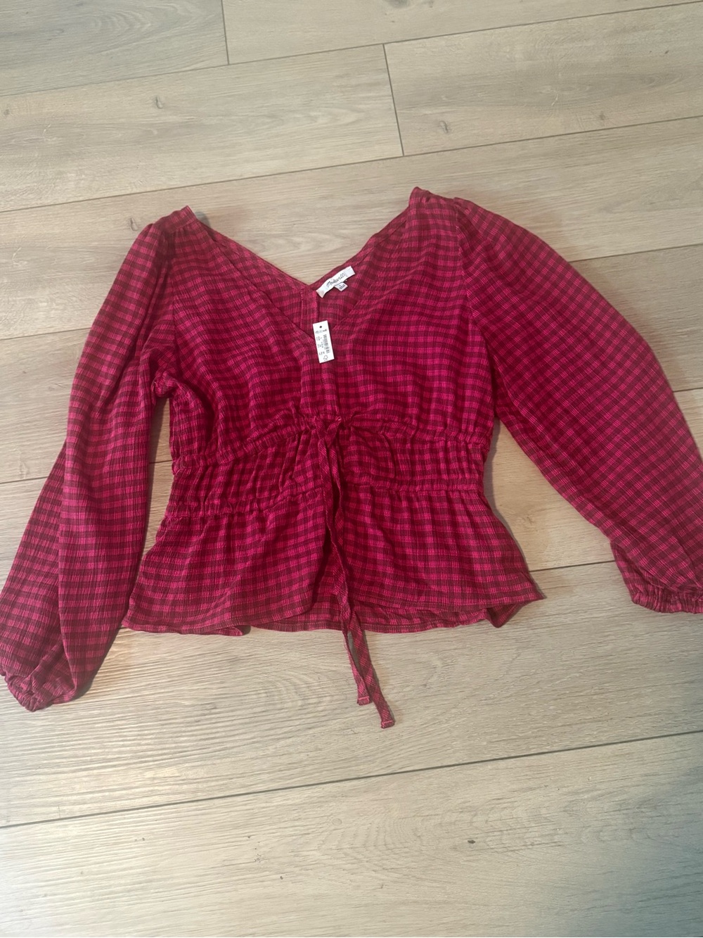 Madewell Ruched Cinch-Front Blouse NWT | Red Gingham | S